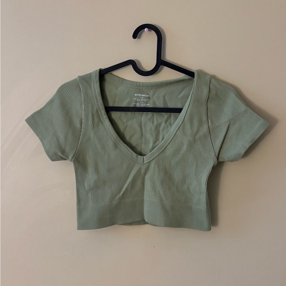 Women's Sage Green Ribbed Crop Top Gym Shirt Going-out Top